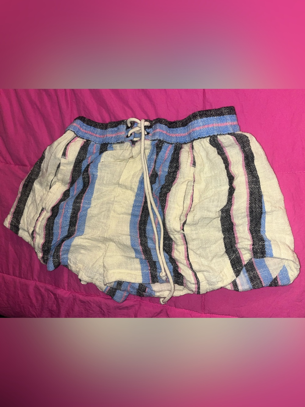 Striped Drawstring Beach Shorts - Blue, Black & Cream free people